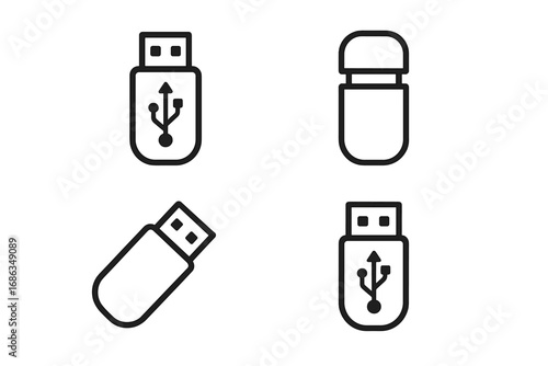 USB flash drive vector icon set. Minimalist line art. Memory stick, thumb drive symbol. Data storage, backup, and transfer concept. Digital technology hardware pictogram.