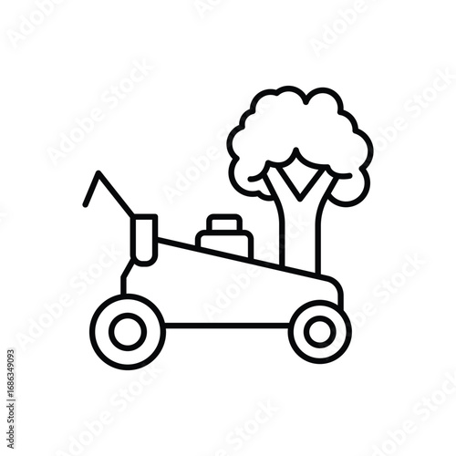 Black line art depicts a lawnmower next to a tree The lawnmower has two wheels handle and engine The tree has a trunk and leafy crown. Editable stroke. Icon vector illustration
