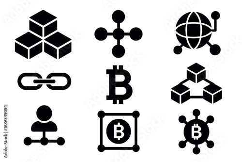 Blockchain technology icon set with bitcoin symbols. Vector glyph icons for cryptocurrency, finance, and fintech. Digital currency, decentralized network, and crypto money concepts.