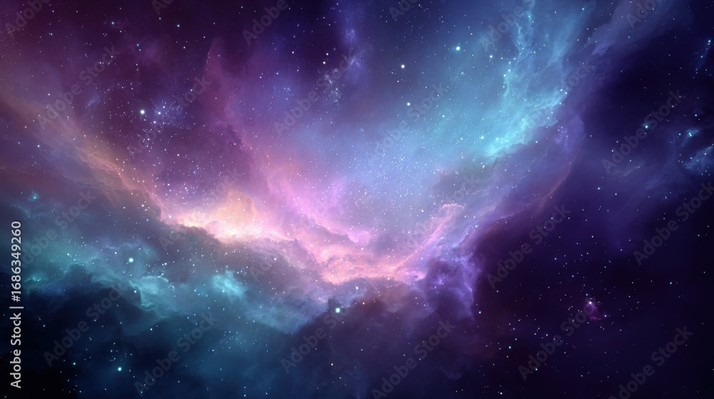 Fototapeta premium Vibrant nebula in deep space showcasing swirling cosmic gas, dust clouds, and countless twinkling stars in shades of pink, purple, and blue, creating a mesmerizing celestial landscape that symbolizes 