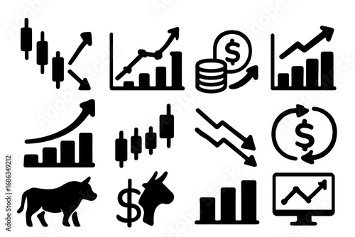 Stock market trading icon set. Finance, investment, and economy symbols. Bull and bear market, candlestick chart, financial growth graph, and dollar sign vector icons.