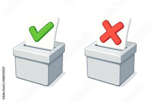 Ballot box icons with green check mark and red cross for voting and decision making. Vector illustration of yes and no choice. Approve and reject symbols for election or survey.