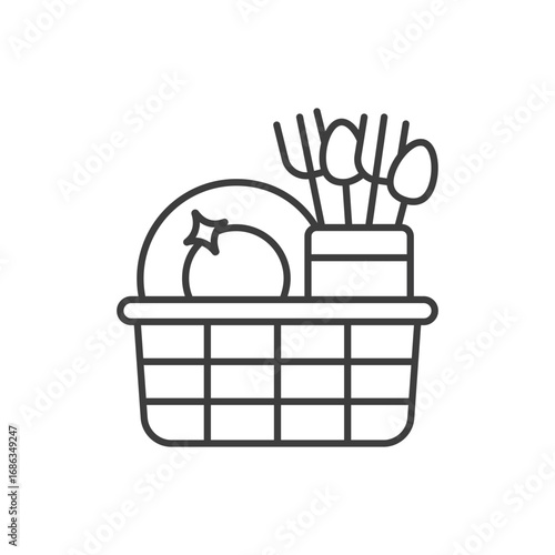 A line drawing of a dish basket holding plates cutlery and a tomato The basket has a rectangular grid design. Editable stroke. Icon vector illustration