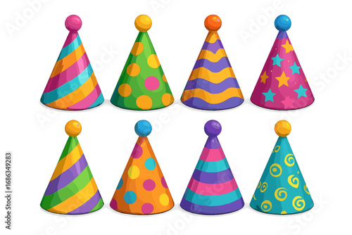 Set of colorful party hats for birthday celebration. Collection of vibrant cone hats with patterns like stripes, polka dots and stars. Vector illustration isolated on white.
