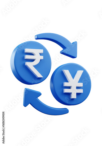 3D Render of Currency Exchange Between Rupee and Yen with Blue Arrows on Transparent Background