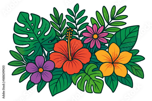 Tropical floral arrangement with hibiscus, plumeria, and monstera leaves. Vector illustration of an exotic jungle flower composition for summer design. Hawaiian botanical art.