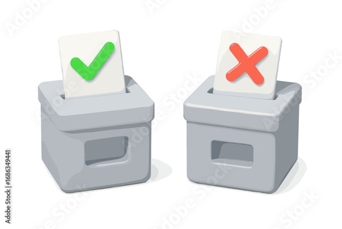 3d ballot box icon with check and cross marks. Concept for voting, election, and decision making. Yes or no choice. Approve and reject survey. Feedback poll symbol. Right wrong.