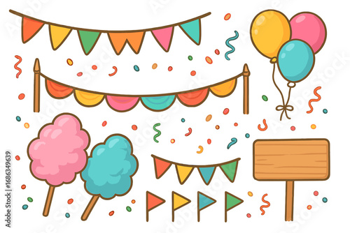 Celebration elements and party decoration set for a carnival, festival, or birthday. Vector cartoon clip art collection with bunting, flags, balloons, cotton candy, and a blank sign.