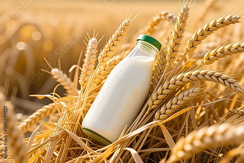 A glass bottle of fresh milk rests among golden wheat stalks bathed in warm sunlight, evoking a sense of natural nourishment and agricultural abundance here now.