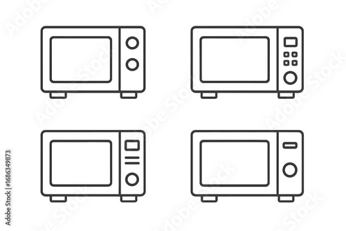 Microwave oven line icon set. Kitchen appliance for cooking, heating food. Simple minimalist vector illustration. Linear symbol, pictogram collection, household equipment.