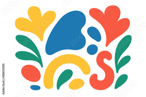Colorful abstract shapes composition. Modern artistic floral elements. Matisse inspired cutout style. Hand drawn doodle flowers, leaves. Naive botanical vector illustration set.