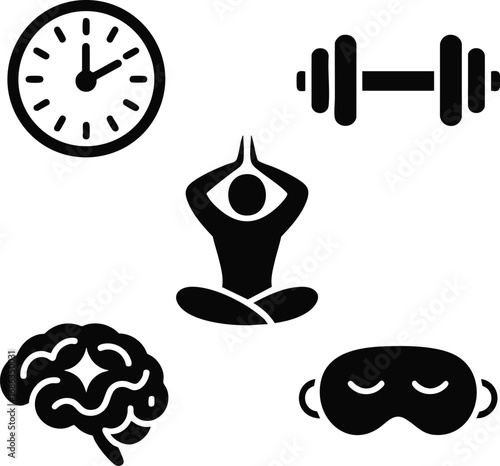 Longevity lifestyle icon set, 5 icons intermittent fasting clock, dumbbell strength, yoga pose, brain with sparkle learning, sleep mask.
