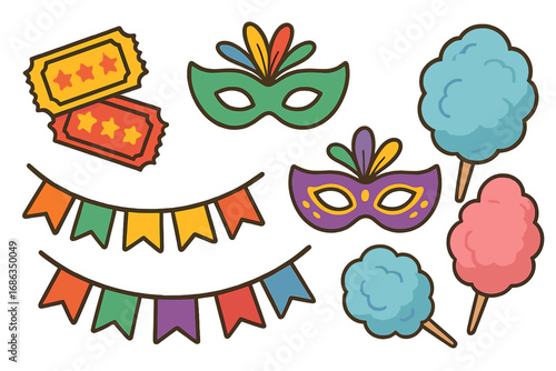 Vibrant carnival and fun fair icon set with festive elements. Includes masquerade masks, event tickets, cotton candy, and colorful party garlands. Vector for festival or circus.