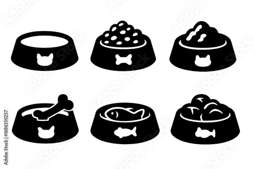 Pet food bowl icon set for cats and dogs. Silhouette vector collection with kibble, wet food, fish, and bone. Symbols for animal care, feeding, and pet supplies.