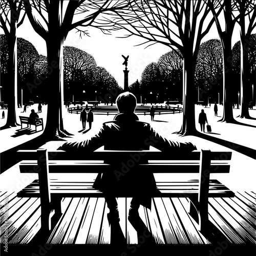 Man sitting on a park bench, contemplating the view of a grand monument surrounded by trees and people