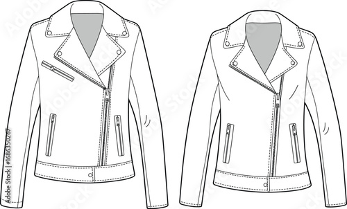 Flat sketch of women's biker jacket with asymmetrical zipper, front view, technical fashion drawing, vector illustration, zip pockets included