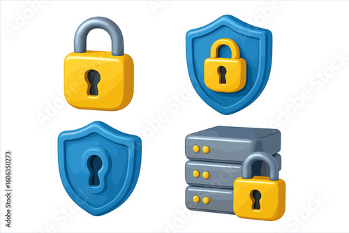 Cyber security 3D vector icon collection. Padlock, shield, and server symbols for data protection, online privacy, network safety, and confidential information security.