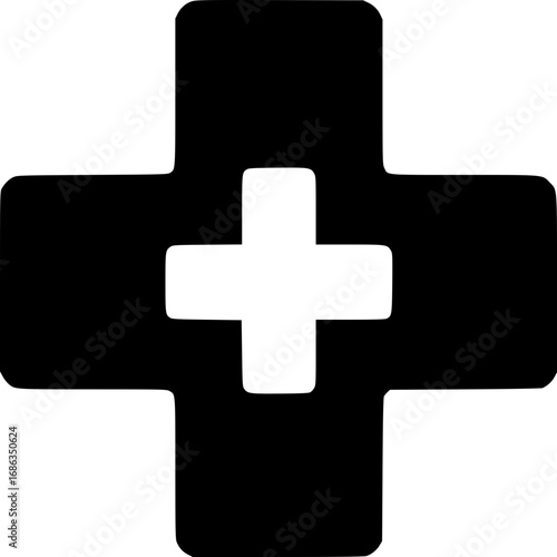 Graphic symbol of a medical cross, universally recognized for health, first aid, and essential emergency services. This minimalist design conveys care, safety, and support effectively