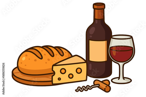 Wine and cheese pairing with fresh bread. Still life vector illustration. Gourmet food, appetizer, picnic concept. Red wine bottle, glass, and corkscrew. Cartoon icon.