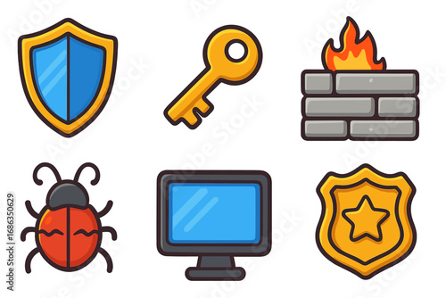 Vector cybersecurity flat icon collection. Digital protection and computer safety symbols. Shield, key, firewall, virus bug, monitor and security badge for web and mobile app.