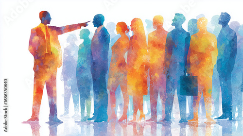 A lawyer selecting a jury from a diverse group of people, symbolizing the voir dire process.