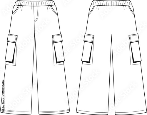 Flat technical vector sketch of cargo pants with large side pockets, elastic waist, casual style design, fashion apparel illustration