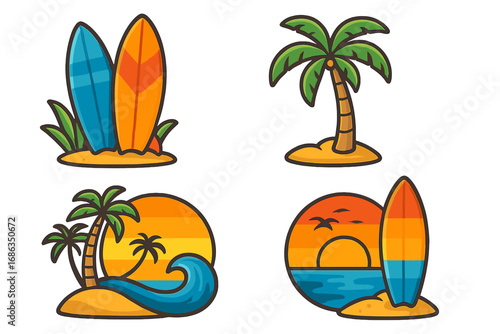 Summer surf beach collection. Vector cartoon logo set with surfboard, palm tree, sunset and ocean wave. Tropical vacation icon bundle. Holiday travel sticker pack illustration.