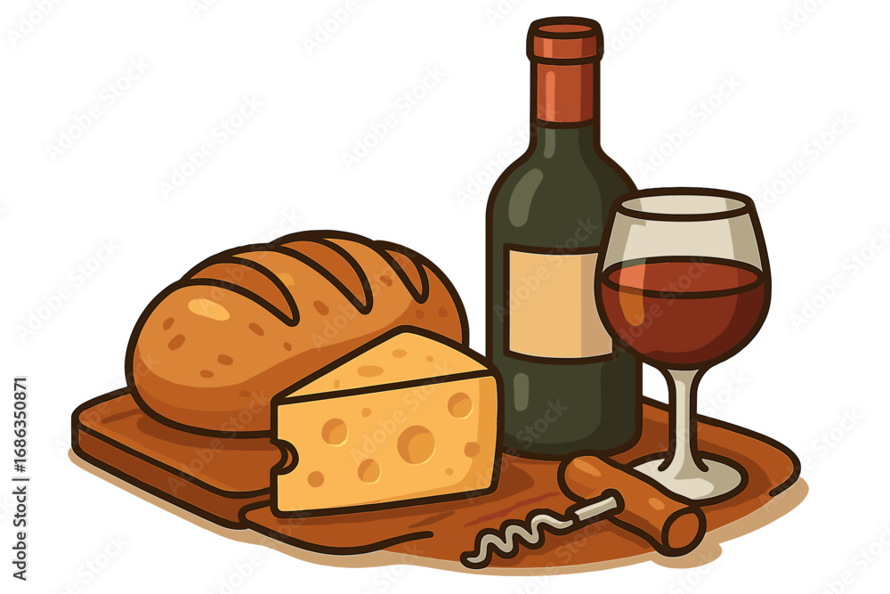 Naklejka premium Wine and cheese tasting. Bread, red wine bottle, glass, corkscrew on wooden board. Gourmet food pairing. Appetizer for party or picnic. Vector cartoon illustration.