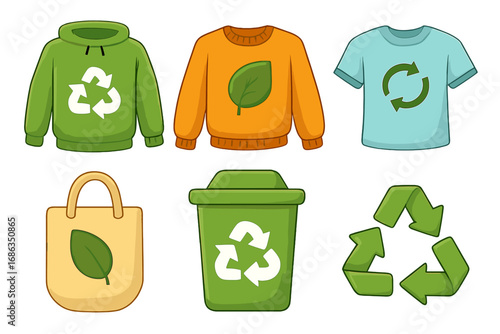 Eco-friendly apparel icons with sustainable fashion and recycling symbols. Vector cartoon illustration set for circular economy, slow fashion, and environmental concepts.