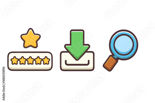 Modern cartoon UI icon collection. Essential user interface elements featuring star rating, feedback, download or save button, and search or find magnifying glass icon.
