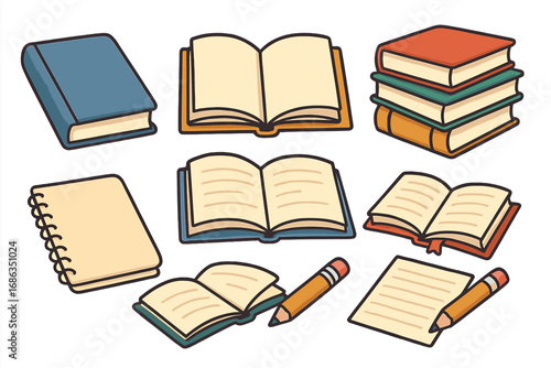 Vector cartoon book collection for education. Set of school supplies for reading, writing, and study. Library, literature, and knowledge icons. Open book, notebook, pencil.