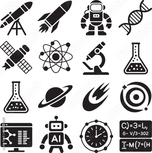 Science and technology icons with astronaut rocket DNA and robot