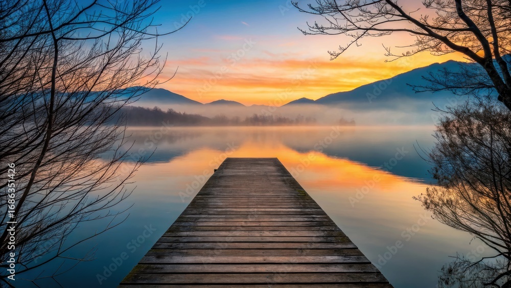 Naklejka premium Sunrise kayaking in Alps lake dock view with misty mountain reflection calm water tranquil mood serene morning light adventure