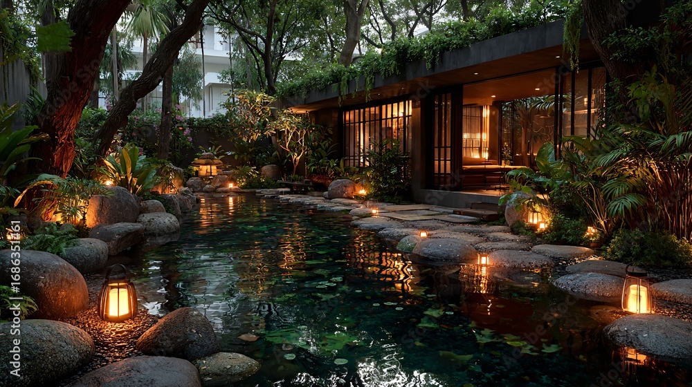Fototapeta premium Tranquil Garden Oasis with Lush Greenery and Soft Lighting