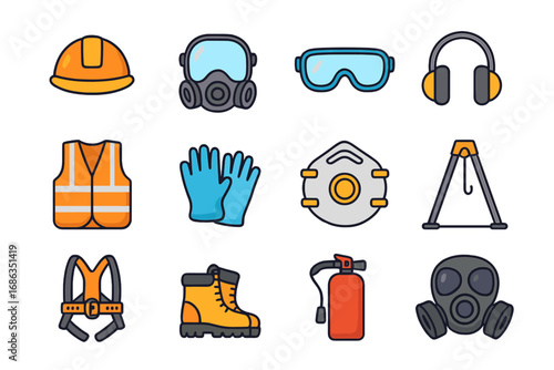 Essential safety equipment icon set. Personal Protective Equipment (PPE) for industrial work. Vector icons: hard hat, vest, gas mask, boots, goggles, harness, extinguisher.