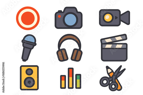 Multimedia icon set for content creation. Vector flat cartoon style icons for recording and editing audio, video, and photos. Symbols for podcasting, music, and filmmaking.
