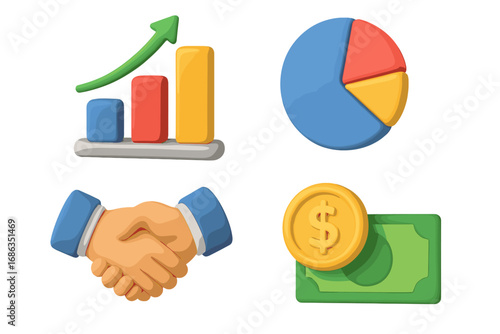 3D business icons set with charts for data analysis, handshake for partnership, and money symbols for finance. Vector cartoon render collection for web, app, infographics.