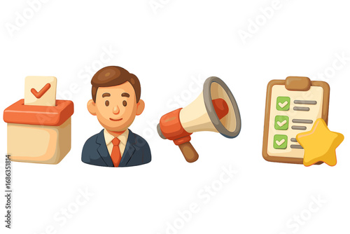 3D election icons set. Voting box, political candidate, megaphone, poll checklist, star sign. Government, democracy, and campaign concept. Cartoon vector illustration for web.