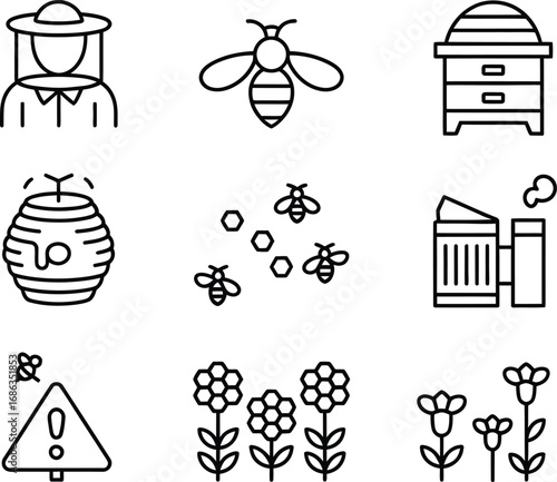 Hand drawn beekeeper icons representing honey production and bee farming