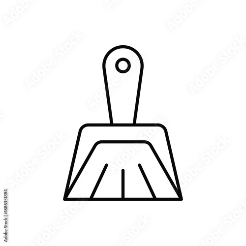 A black dustpan icon with a handle and a hole. Editable stroke. Icon vector illustration