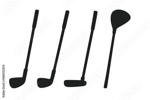 Golf club silhouette set for sports design. Vector collection of golf equipment icons. Iron, putter, and driver wood clubs isolated on white. Sport gear graphic illustration.