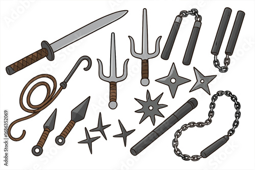 Ninja weapons set vector illustration. Traditional Japanese martial arts gear collection with ninjato sword, sai, nunchaku, kunai, and shuriken throwing stars. Cartoon shinobi tools.