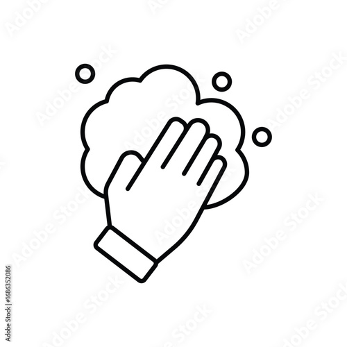 A hand depicted in a linear style touches soapy suds with bubbles floating nearby The hands wrist has a rectangle. Editable stroke. Icon vector illustration