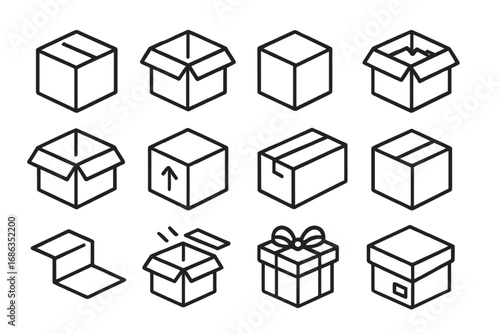 Collection of box and packaging line icons. Isometric vector symbols for shipping, delivery, logistics, and e-commerce. Parcel, container, open, closed, and gift concepts.
