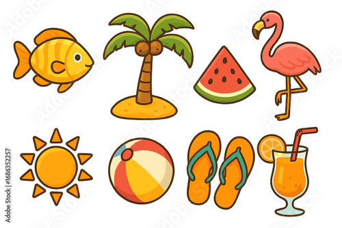 Summer beach vacation icon set. Tropical holiday elements collection. Cute cartoon vector illustrations of fish, palm tree, flamingo, sun, cocktail, watermelon, flip flops.