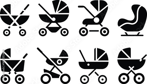 Collection of stroller and baby car seat icons in black silhouette