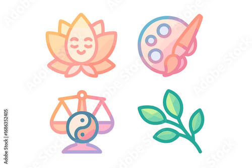 Gradient icon set of wellness, art, balance, nature. Vector concepts for meditation, creativity, harmony, growth. Lotus, paint palette, yin yang scales, leaf pictograms.