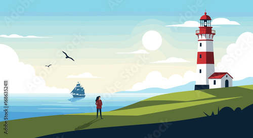 A solitary figure observes a majestic lighthouse guiding a sailing ship across the vast ocean horizon