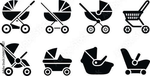 Collection of stroller and baby carriage icons and silhouettes