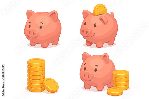 3D piggy bank vector icon set. Cute cartoon pig with gold coins for finance, saving money and investment concepts. Financial budget, economy, banking and wealth symbol.